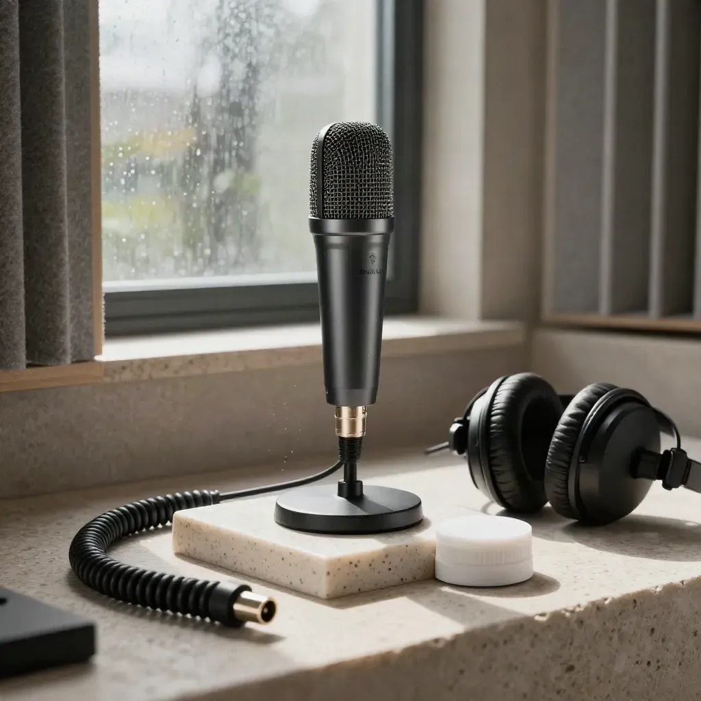 Black reference microphone, calibrator puck, headphones, and coiled cable on pale stone.