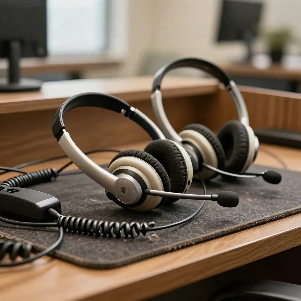 Used call-center headsets and a desk cradle on felt mat in dramatic studio light.