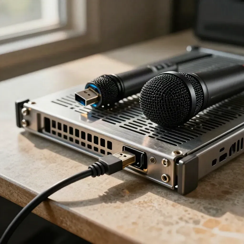 Macro still life of a server sled, USB microphone and braided ethernet cable on a server bench.