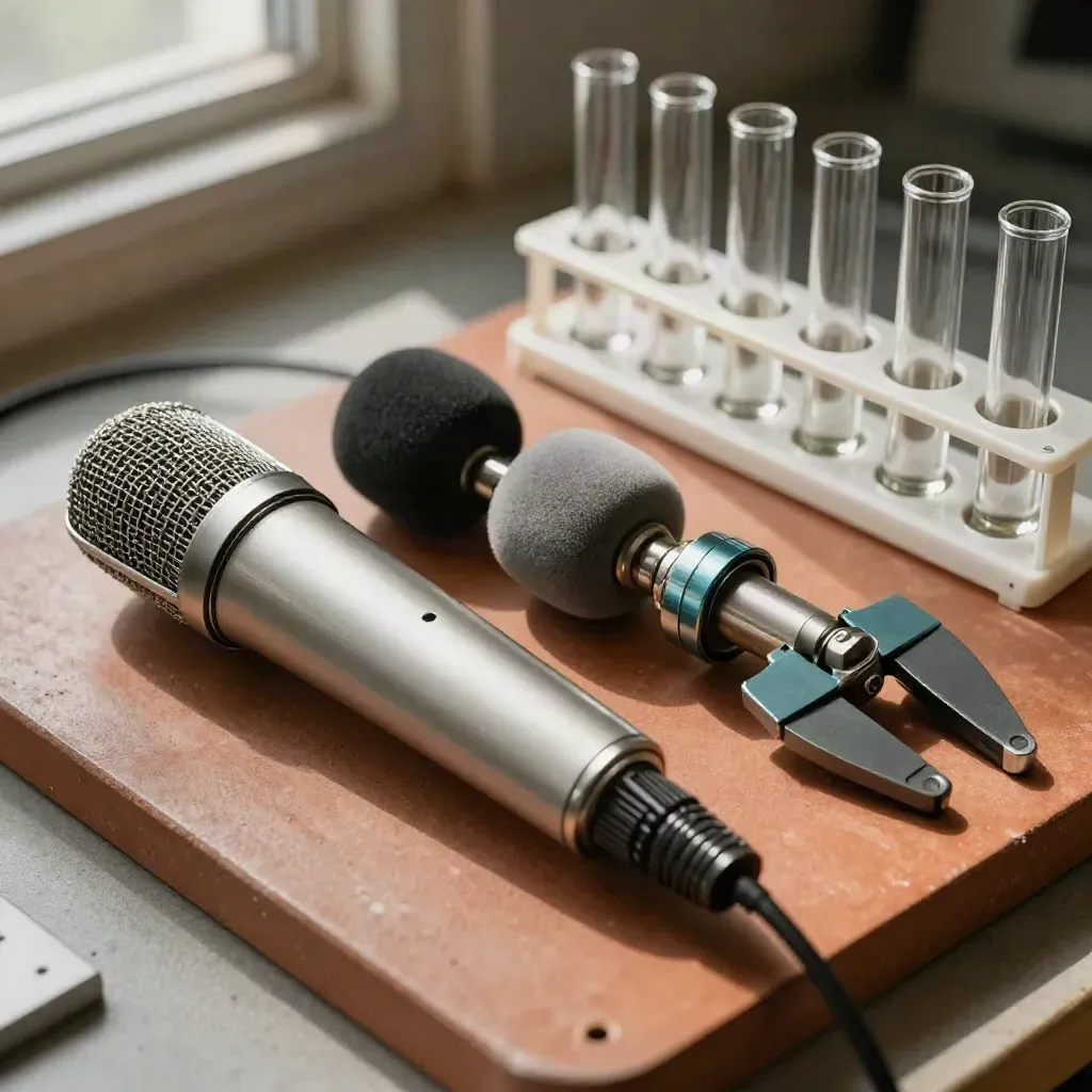 Top-down still life of microphone calibration tools, windscreens, coupler and vial rack.